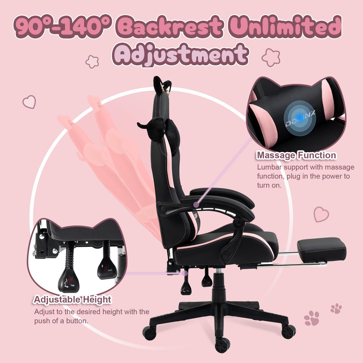Dowinx Gaming Chair Cute with Cat Ears and Massage Lumbar Support, Ergonomic Computer Chair for Girl with Footrest and Headrest, Comfortable Reclining Game Chair 290lbs for Adult, Teen, Black Dowinx