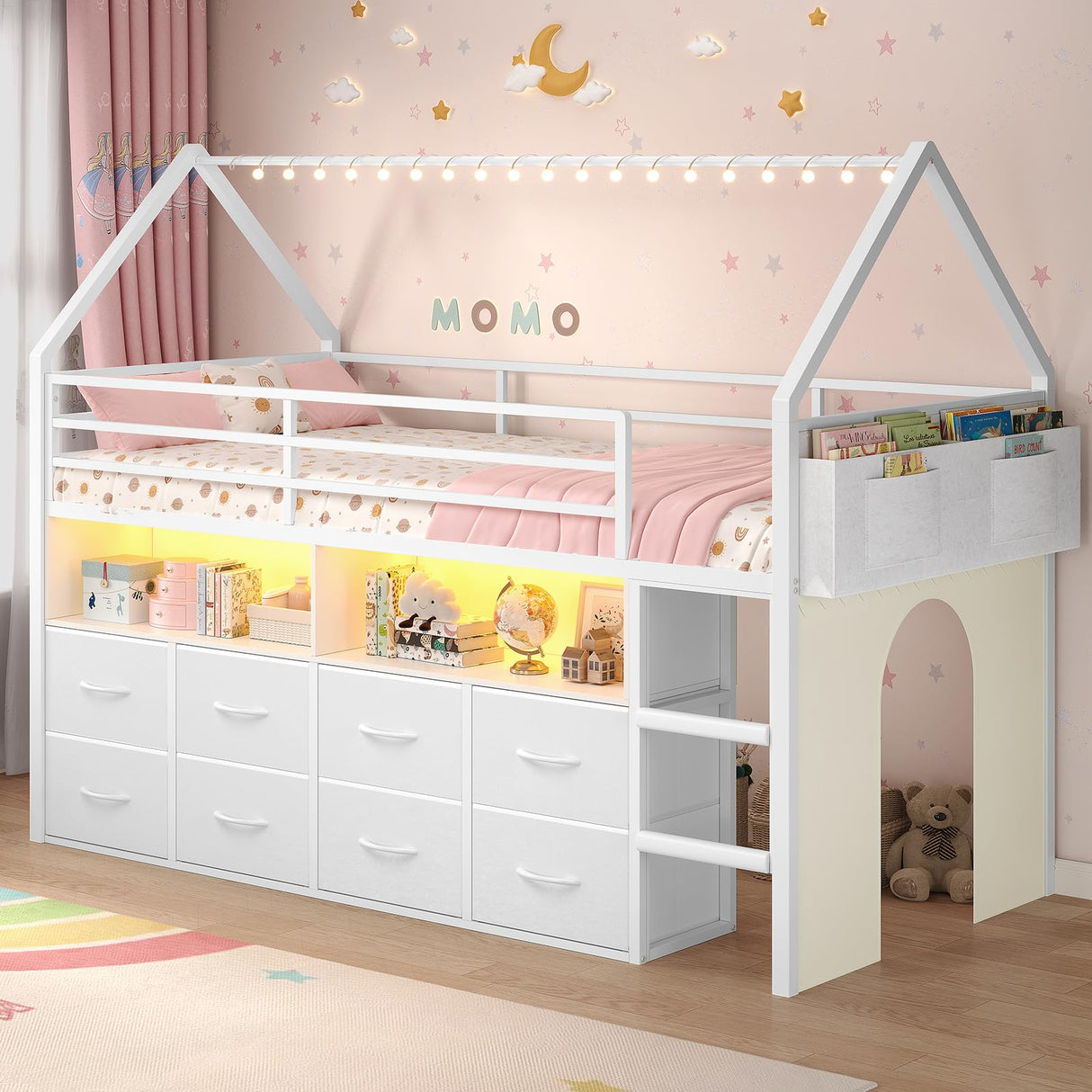 BTHFST Twin Size Loft Bed for Kids, 8 Storage Drawers & LED Lights, House Shaped Metal Bed with Bookcase, Soft Foam Ladder, 13.4" Safety Guardrail, Space Saving, Fun Curtain BTHFST