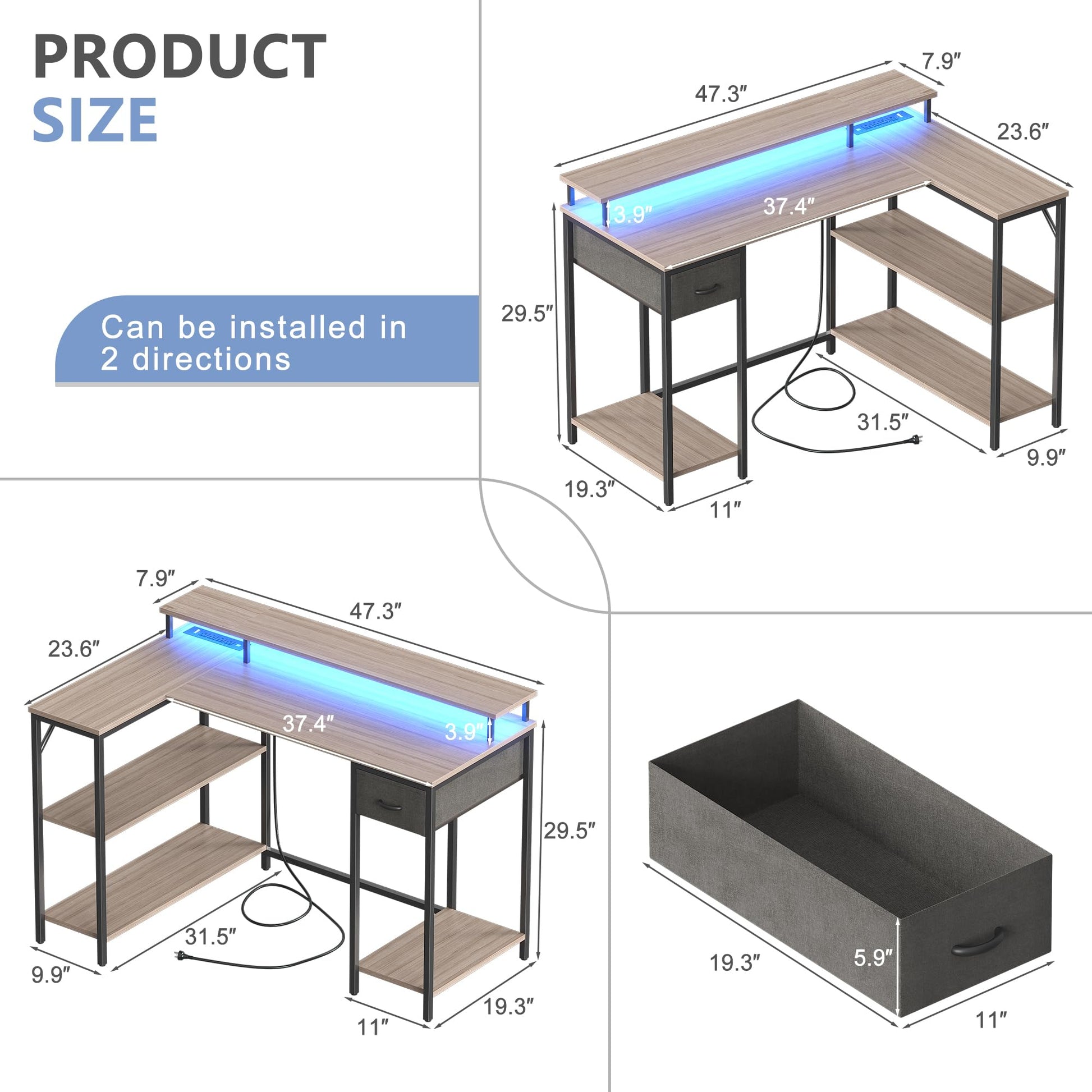 Shahoo L Shaped Computer Desk with LED Lights & Power Outlet & USB Ports & Large Monitor Stand 47 Inch Reversible Corner Table with Storage Shelves & Drawer for Home Office & Gaming, 47 in, B - WoodArtSupply