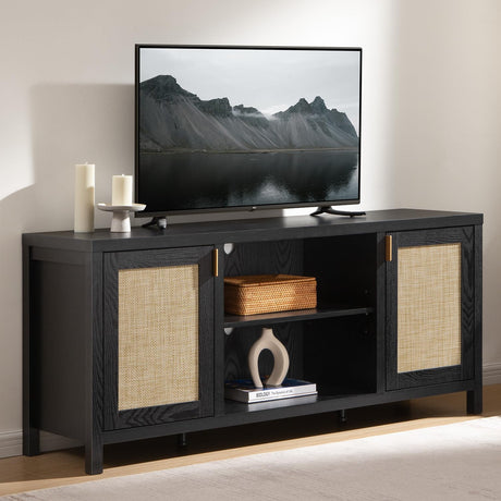 SICOTAS Rattan TV Stand for Living Room - 26" Tall Farmhouse Entertainment Center with Storage and Wicker Door, Media TV Console Cabinet for TVs Up tp 65 Inch, Black Oak SICOTAS