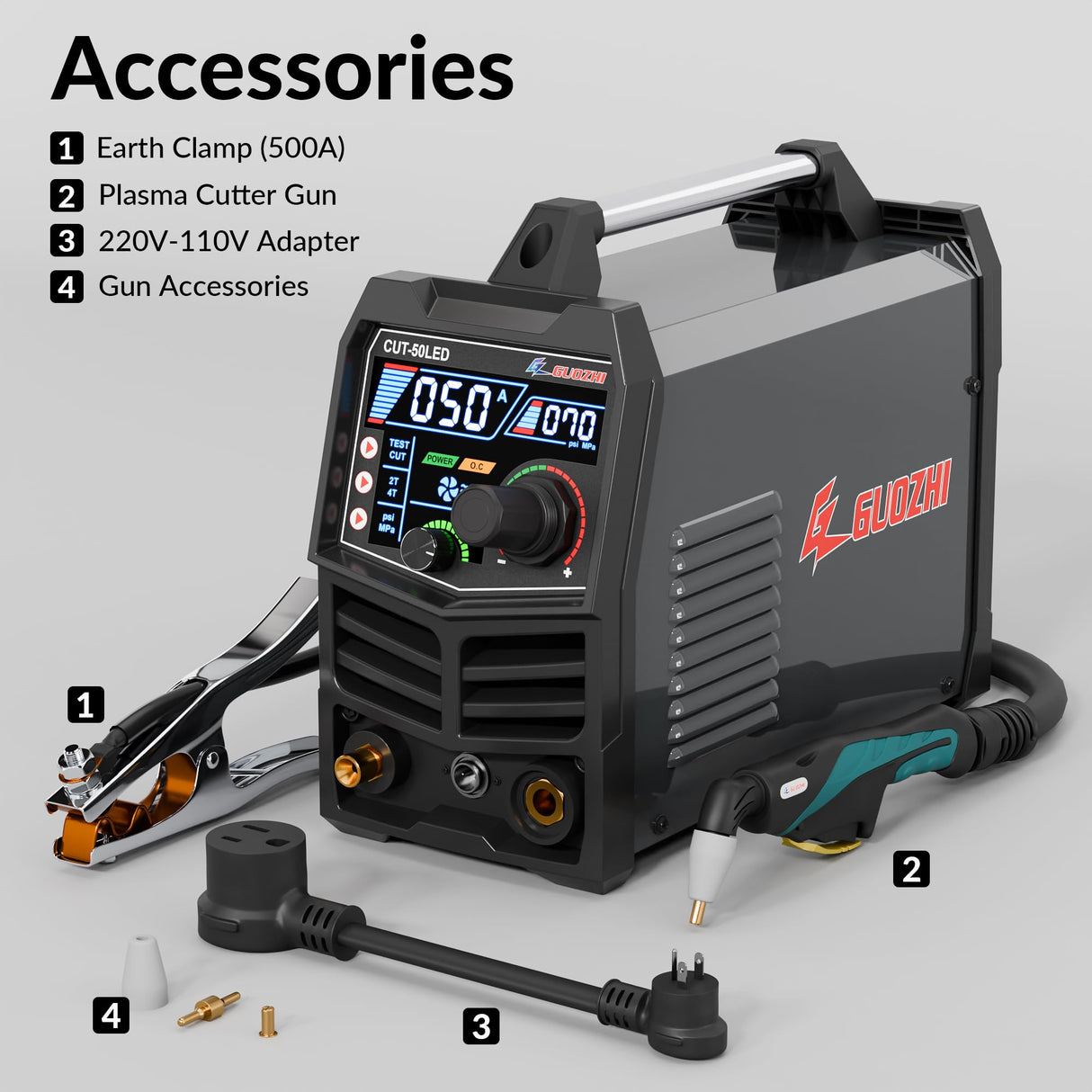 GZ GUOZHI Plasma Cutter, [Large LED Display] 50Amps Cutter Machine with 110/220V Dual Voltage DC Inverter IGBT 1/2 Inch Clean Cut Post Flow and 2T/4T, for Beginners DIY GZ GUOZHI