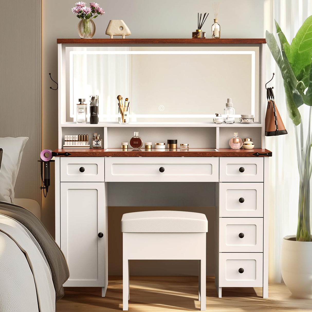 KOLIGEY Vanity Desk with Mirror and Lights, 45"W Farmhouse Makeup Vanity Desk with 44"W Lighted Mirror, Dressing Table with Glass Tabletop, 6 Drawers & 1 Cabinet Door for Bedroom, Dark Walnut & White KOLIGEY
