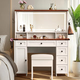 KOLIGEY Vanity Desk with Mirror and Lights, 45"W Farmhouse Makeup Vanity Desk with 44"W Lighted Mirror, Dressing Table with Glass Tabletop, 6 Drawers & 1 Cabinet Door for Bedroom, Dark Walnut & White KOLIGEY