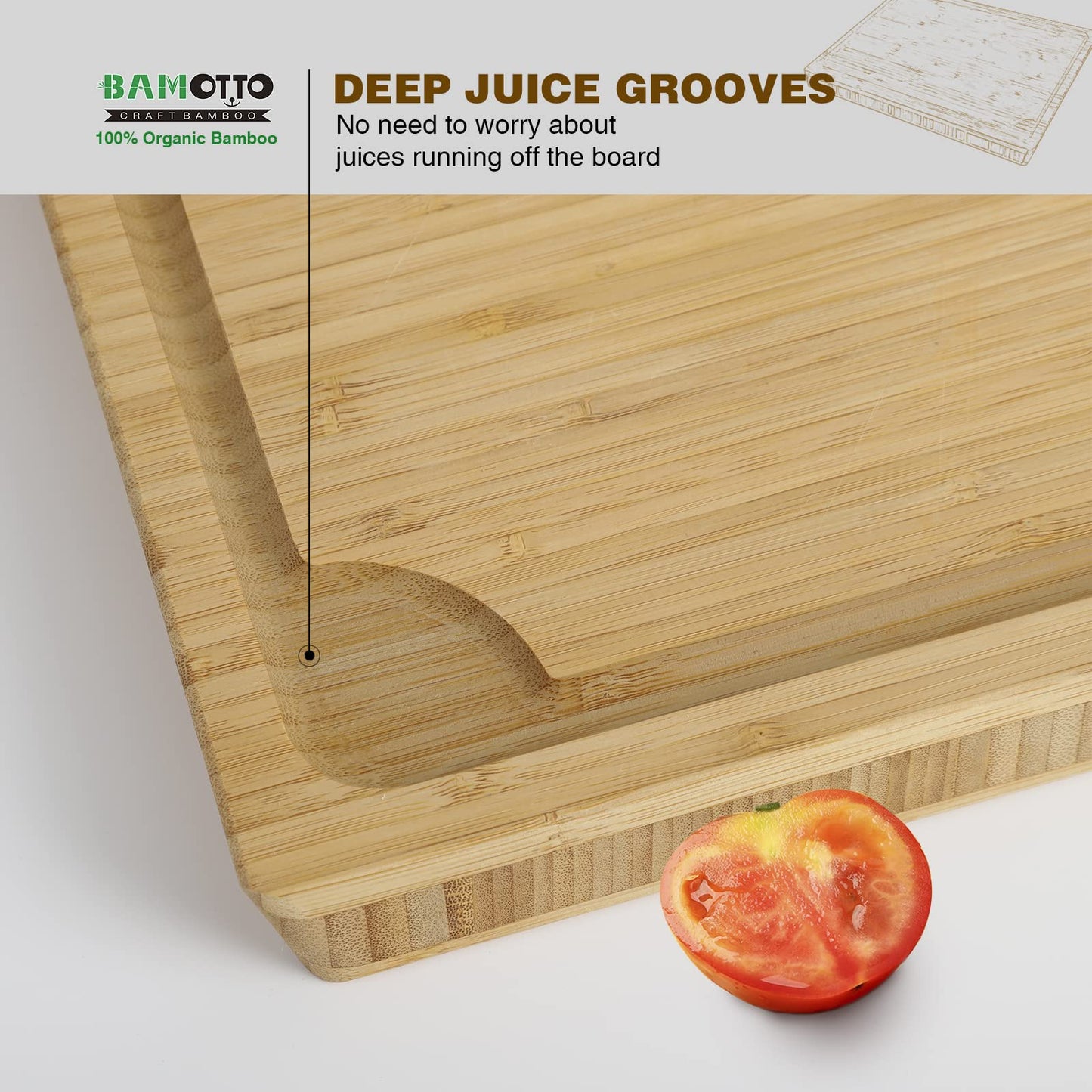 BAMOTTO 1.4" Thick Bamboo Cutting Board, Kitchen Heavy Duty Butcher Block Chopping Board with Juice Groove, for Meat, Turkey, Pork Ribs & Vegetables, 100% Organic Bamboo, 17.7" x 13.2"