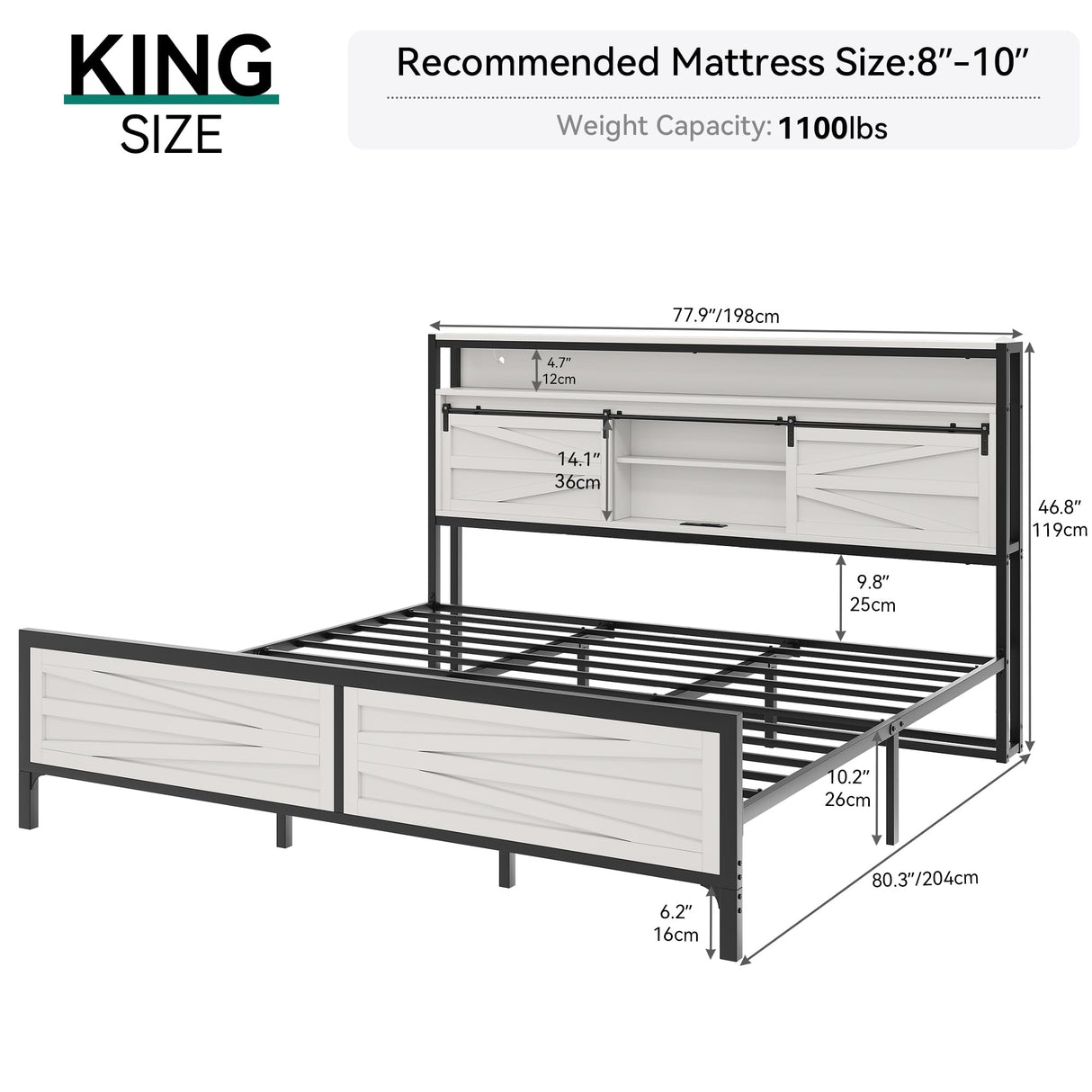 DWVO Farmhouse King Bed Frame with Headboard, Platform Bed with LED Lights and Charging Station, Sliding Barn Door, Solid Metal Slats, No Box Spring Needed (White) DWVO