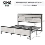 DWVO Farmhouse King Bed Frame with Headboard, Platform Bed with LED Lights and Charging Station, Sliding Barn Door, Solid Metal Slats, No Box Spring Needed (White) DWVO