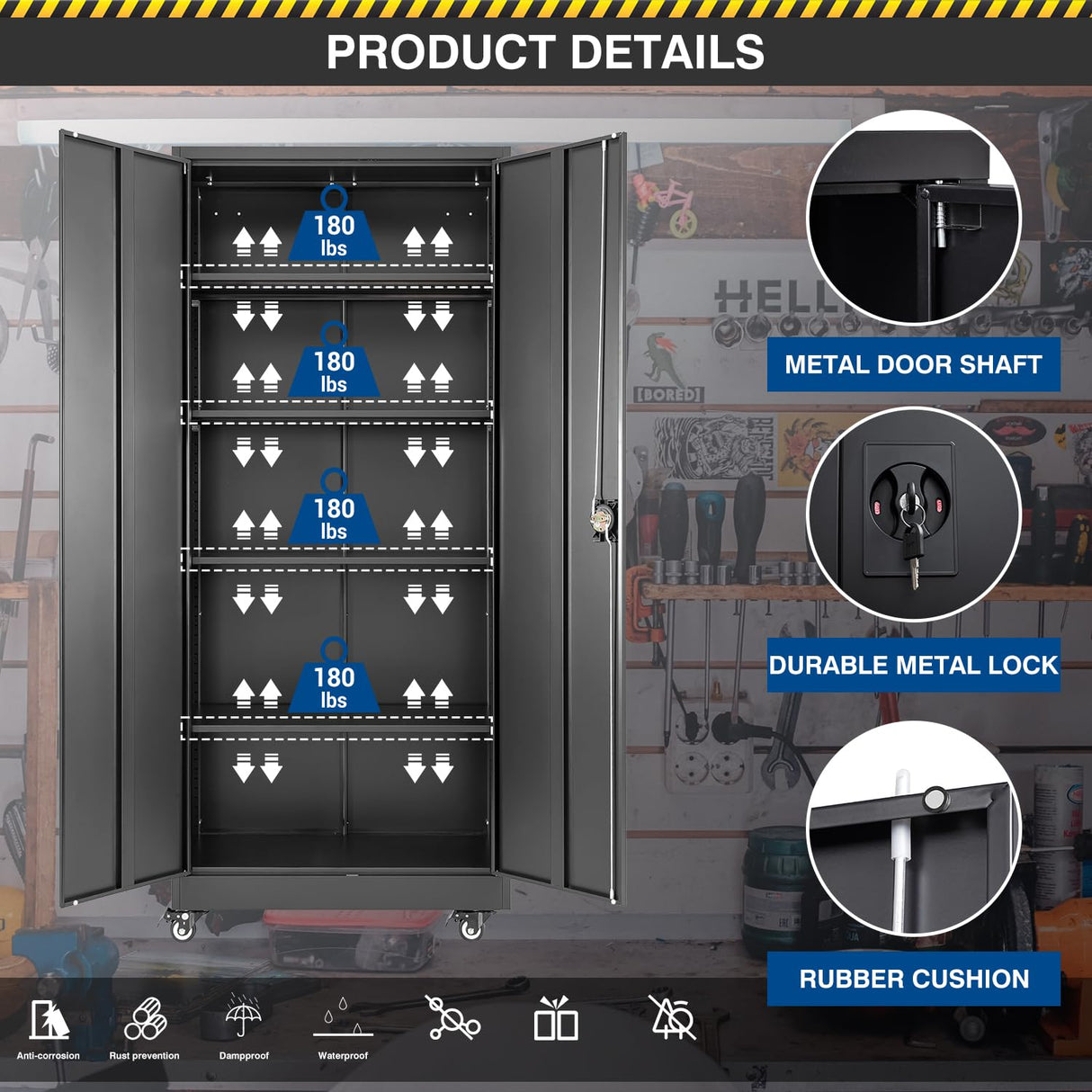 Fesbos Metal Rolling Storage Cabinet-74.6” Tall Steel File Cabinets with Wheels Lockable Doors and Adjustable Shelves-Black Steel Storage Cabinet for Home, School, Office, Garage Fesbos