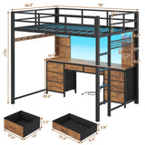 BTHFST Loft Bed with Desk, Full Metal Loft Bed with 8 Drawers Storage & Charging Station & LED Lights, 4 Open Storage Shelves, Noise-Free, Space-Saving, No Box Spring Needed BTHFST