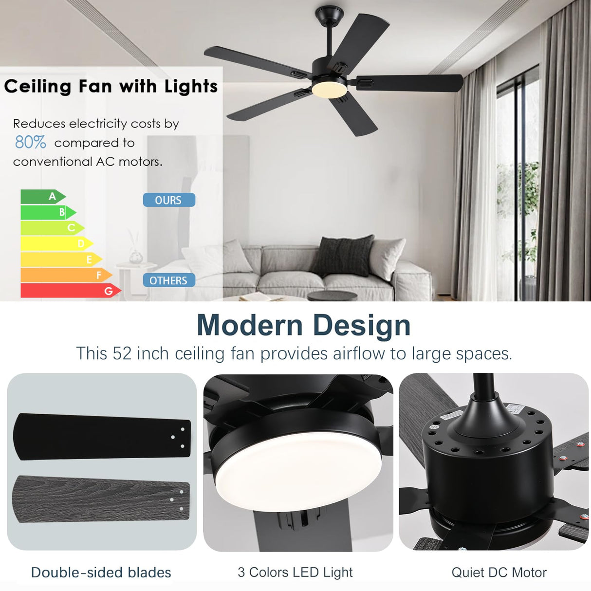 FUMLTP 52 inch Modern Ceiling Fans with Lights APP/Remote Control, Low Profile Reversible 6 Speeds Ceiling Fan Light for Indoor/Outdoor Patio Bedroom Living Room,Black FUMLTP