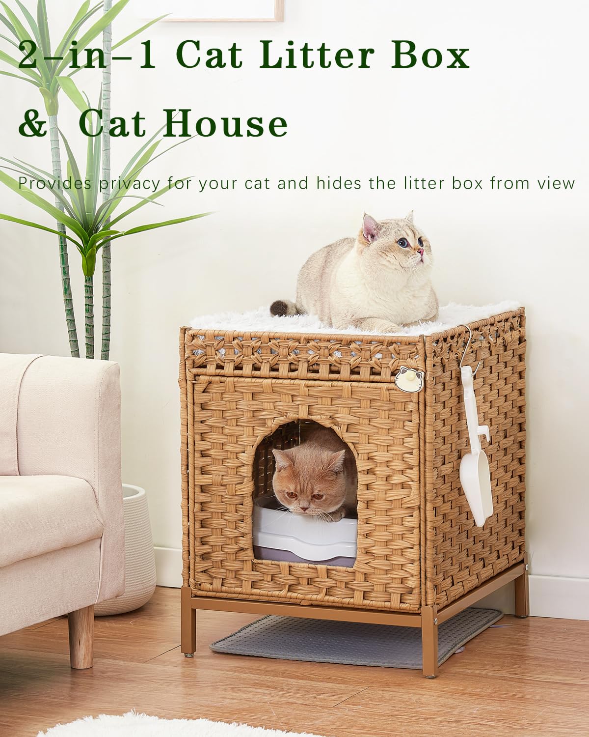 SETVSON Cat Litter Box Enclosure Hidden Litter Box Furniture with Metal Heightened Feet, Rattan Handwoven Cat House with Litter Mat, Hidden Litter Box Furniture for Bedroom Living Room Natural SETVSON