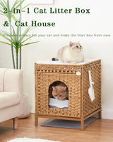 SETVSON Cat Litter Box Enclosure Hidden Litter Box Furniture with Metal Heightened Feet, Rattan Handwoven Cat House with Litter Mat, Hidden Litter Box Furniture for Bedroom Living Room Natural SETVSON