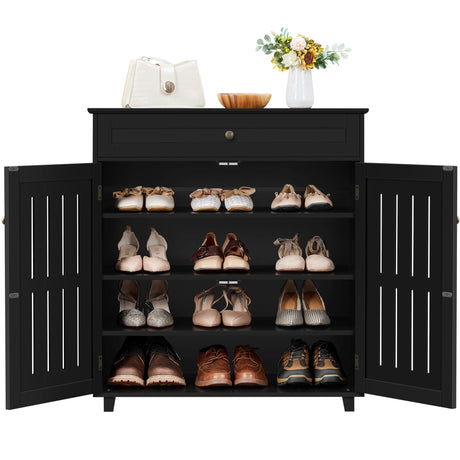 Yaheetech Shoe Cabinet, 4-Tier Shoe Storage Cabinet with Drawer & Adjustable Shelves, Wooden Shoe Rack Organizer with Louvered Doors for Entryway, Hallway, Bedroom, Closet, Living Room, Black Yaheetech
