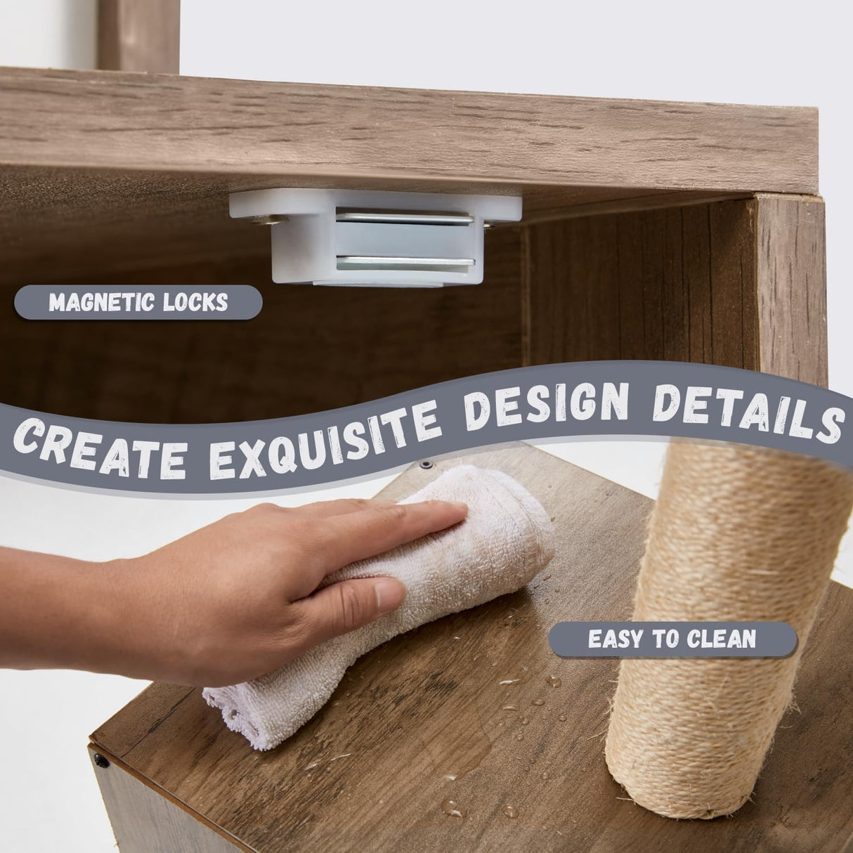 Erinnyees Cat Tree with Litter Box Enclosure, 2-in-1 Cat Tower with Scratching Post，Hammock, Food Station, Platform and Pompom Sticks, Hidden Litter Box Furniture Erinnyees