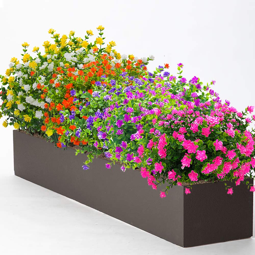 Grunyia 10 Bundles Artificial Fake Flowers, Faux Outdoor Plastic Plants UV Resistant Shrubs Outside Indoor Decorations (Pink-Eucalyptus) Grunyia