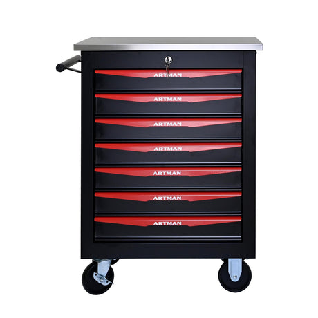 7 Drawers Rolling Tool Chest, Tool Storage Cabinet with Wheels Rolling Tool Cart with 7 Drawers, Rolling Tool Box Organizer, Metal Tool Cart for Garage Workshop Black and Red, Stainless Steel Top CHD