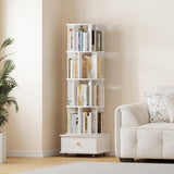 LMSXG-MZ 360° Rotating Bookshelf with Metal Wheels & Drawers for Living Room, Bedroom, Space-Saving Bookcase Organizer & Large Capacity Display Rack (4-Tier) LMSXG-MZ