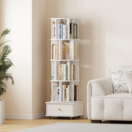 LMSXG-MZ 360° Rotating Bookshelf with Metal Wheels & Drawers for Living Room, Bedroom, Space-Saving Bookcase Organizer & Large Capacity Display Rack (4-Tier) LMSXG-MZ