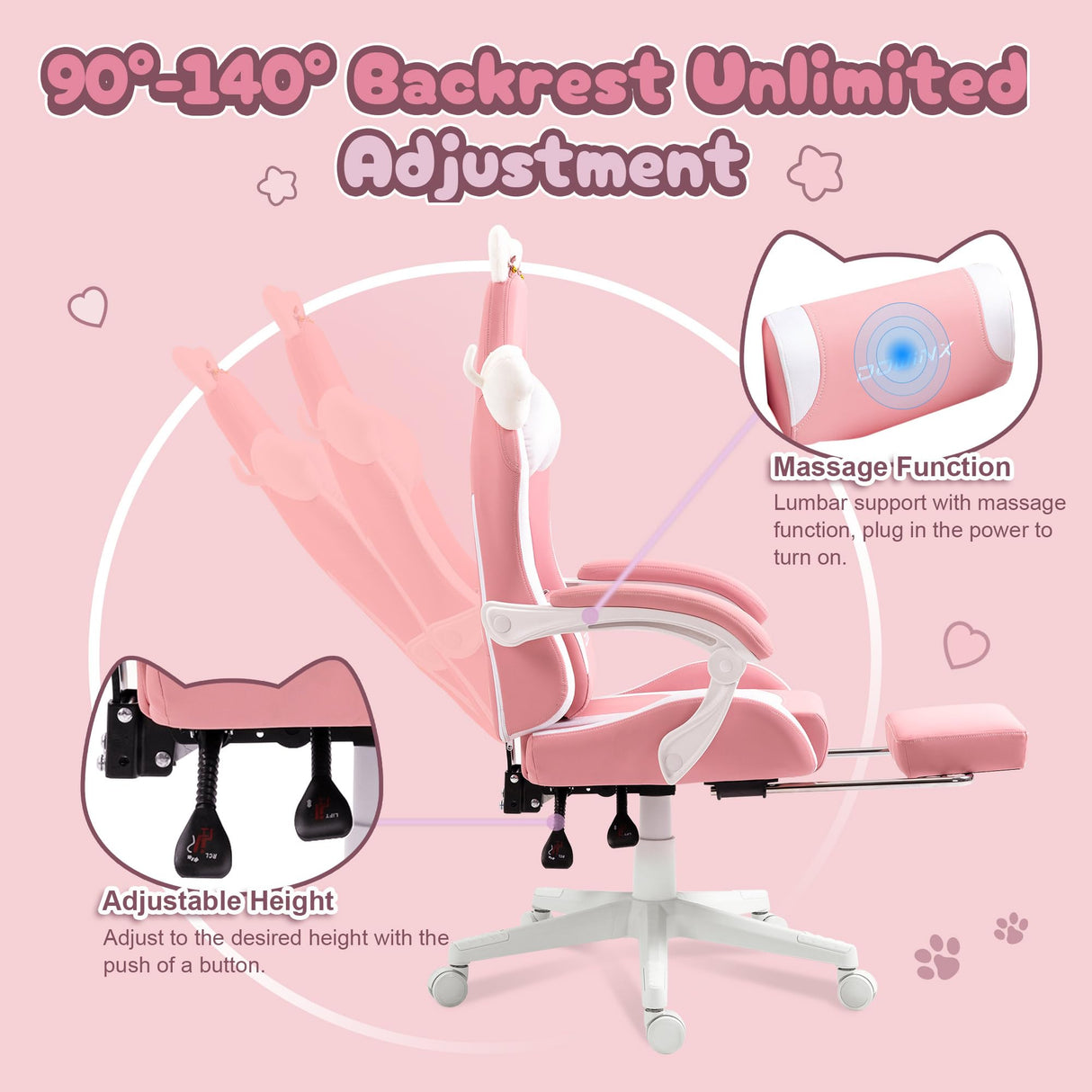 Dowinx Gaming Chair Cute with Cat Ears and Massage Lumbar Support, Ergonomic Computer Chair for Girl with Footrest and Headrest, Comfortable Reclining Game Chair 290lbs for Adult, Teen, Pink Dowinx