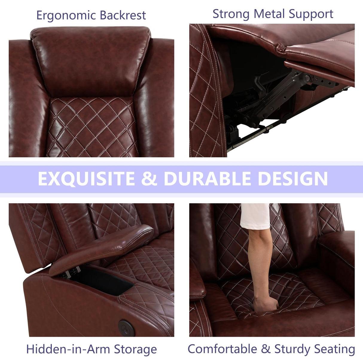 Anthato Power Recliner Sectional Sofa Set with LED, Luxury L-Shaped Reclining Sofa, Leather Reclining Corner Couch with Cup Holders/Storage/Charging Ports for Living Room/Home Theater, Burgundy Red Anthato