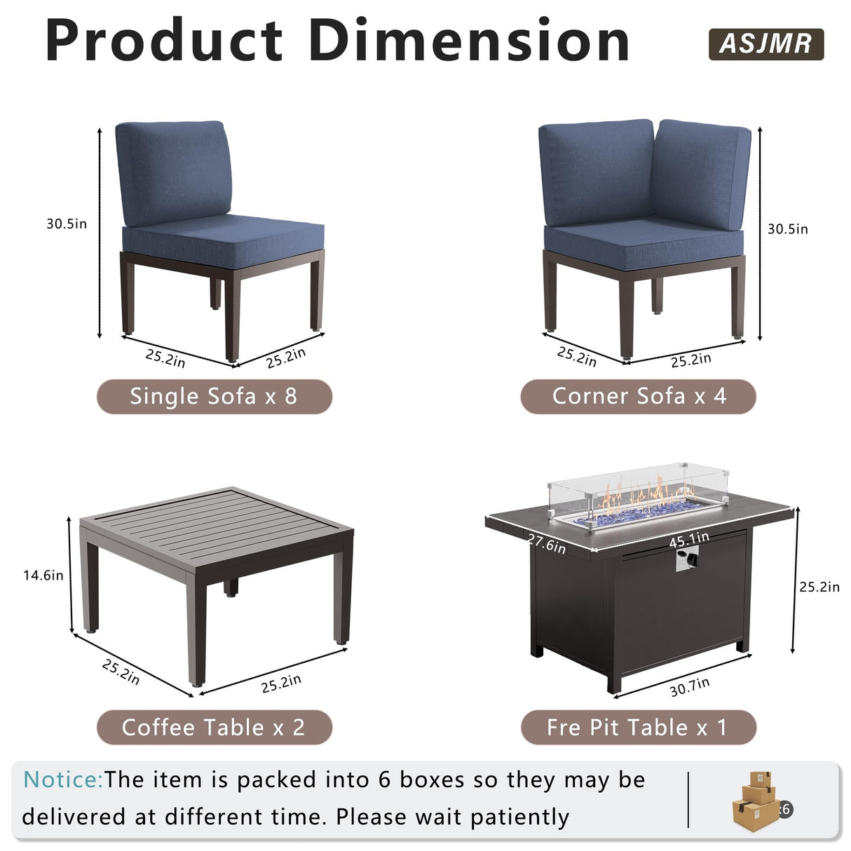 ASJMR Patio Furniture Set,15 Pieces Modern Outdoor Conversation Set w/43in Gas Fire Pit Table, Outdoor Metal Sectional Sofa with 55000 BTU Propane Fire Pit ASJMR