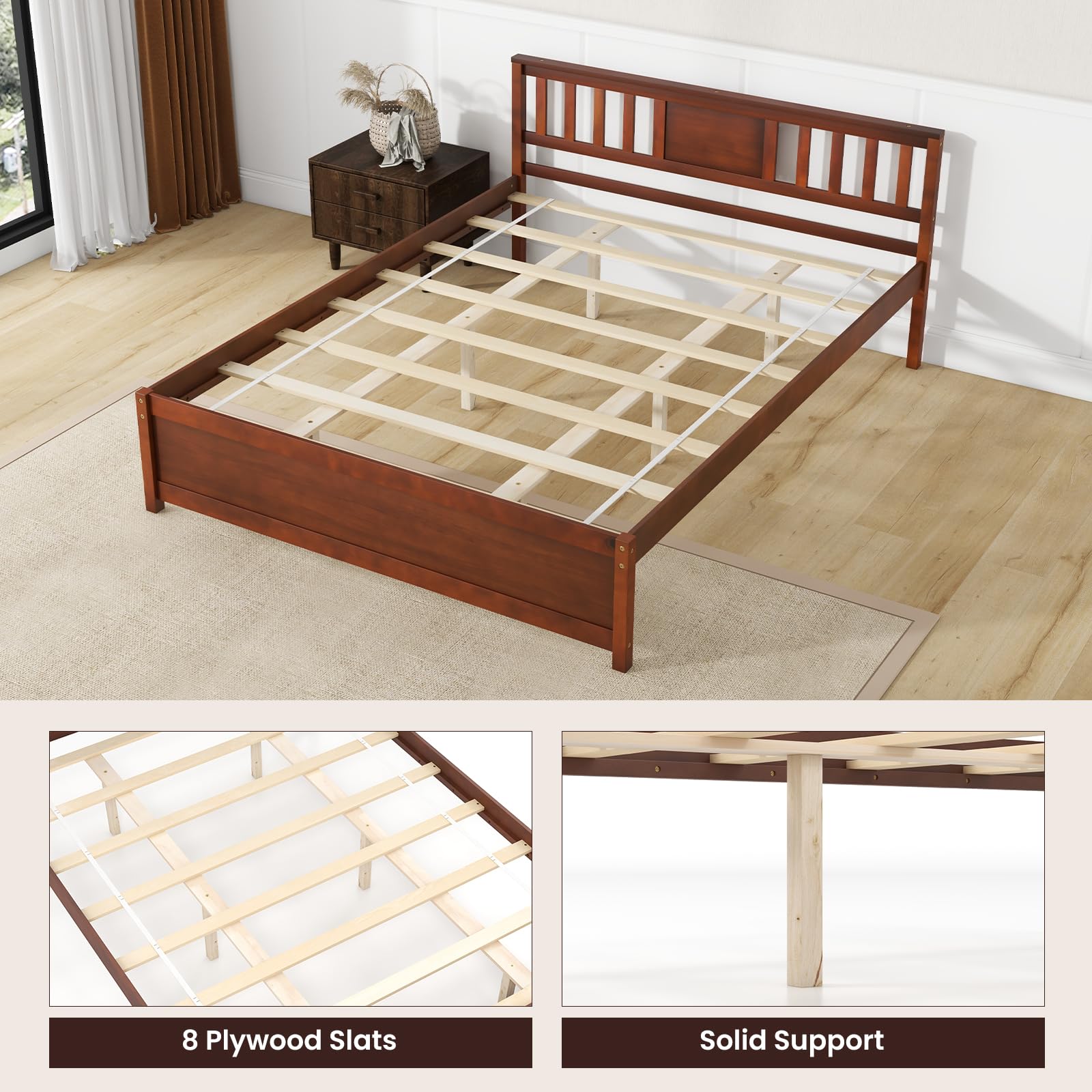 Giantex Mid Century Walnut Queen Size Solid Wood Platform Bed Frame with Headboard and Slat Support - WoodArtSupply