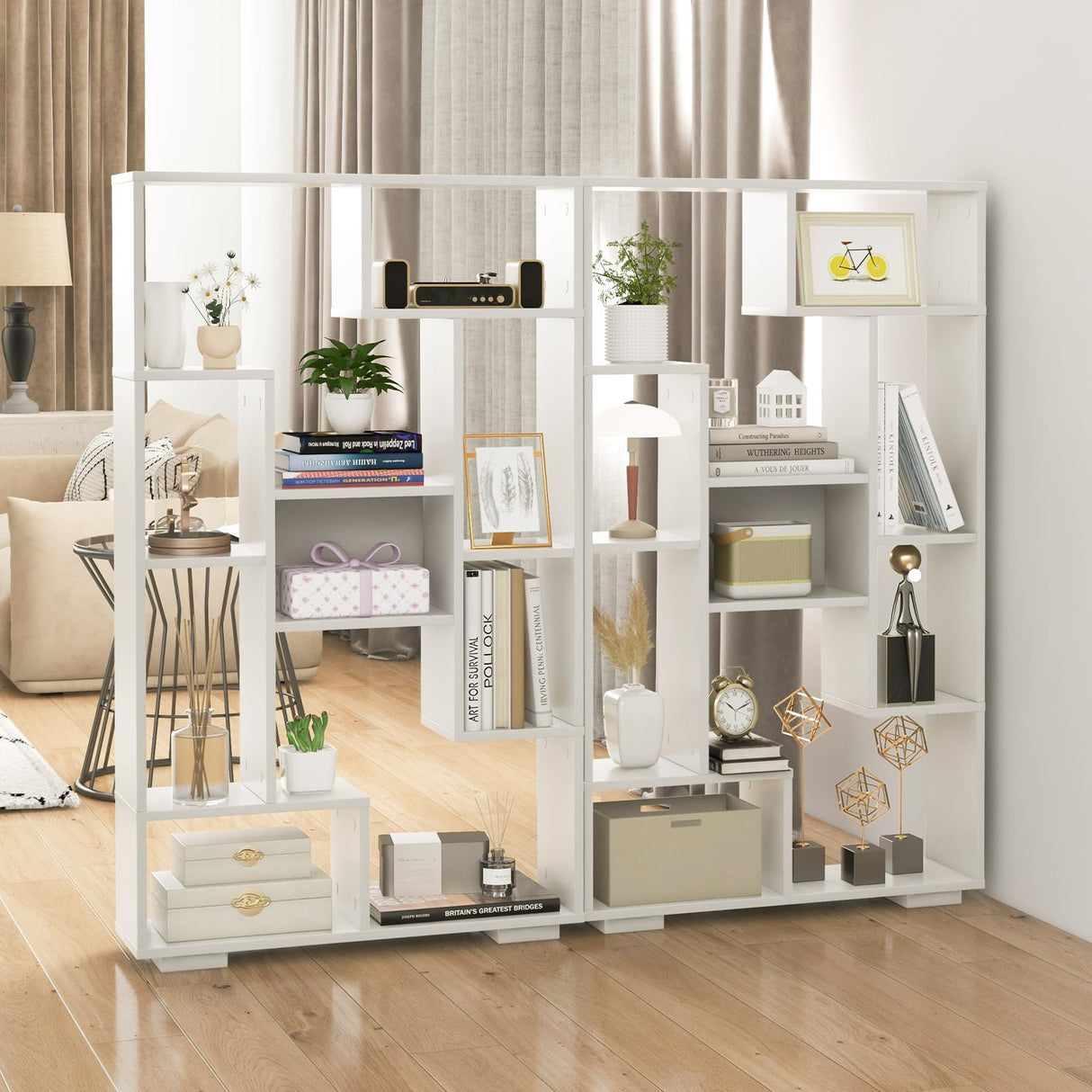 Giantex 47-Inch Bookshelf, Modern Wooden Geometric Bookcase with Open Shelves, Anti-Tipping Kits, Wood Book Case Shelf, Open Cube Storage Organizer Display Rack for Living Room Giantex