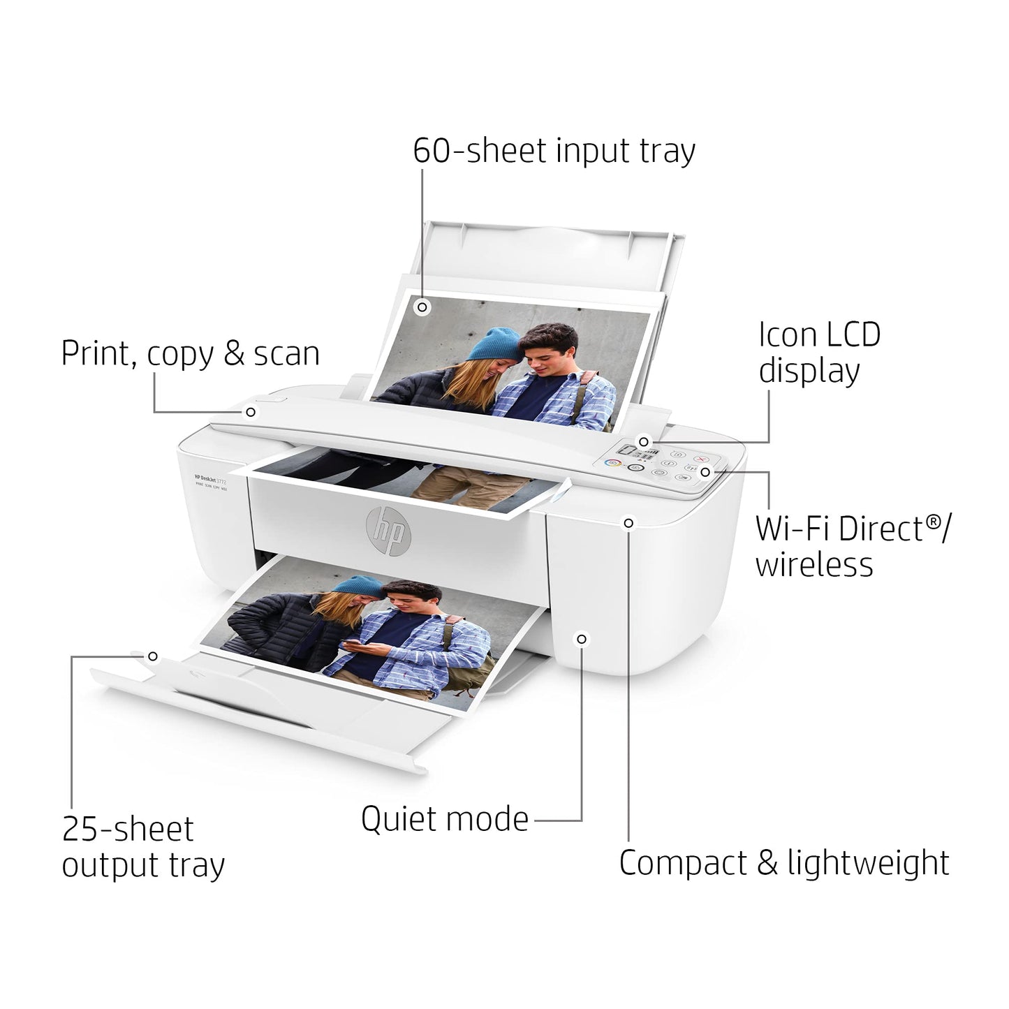 HP DeskJet 3772 All-in-One Color Inkjet Printer Scanner and Copy, Instant Ink Ready, Wireless Printers for Home and Office, Photo Print, Built-in WiFi, T8W88A (Renewed)