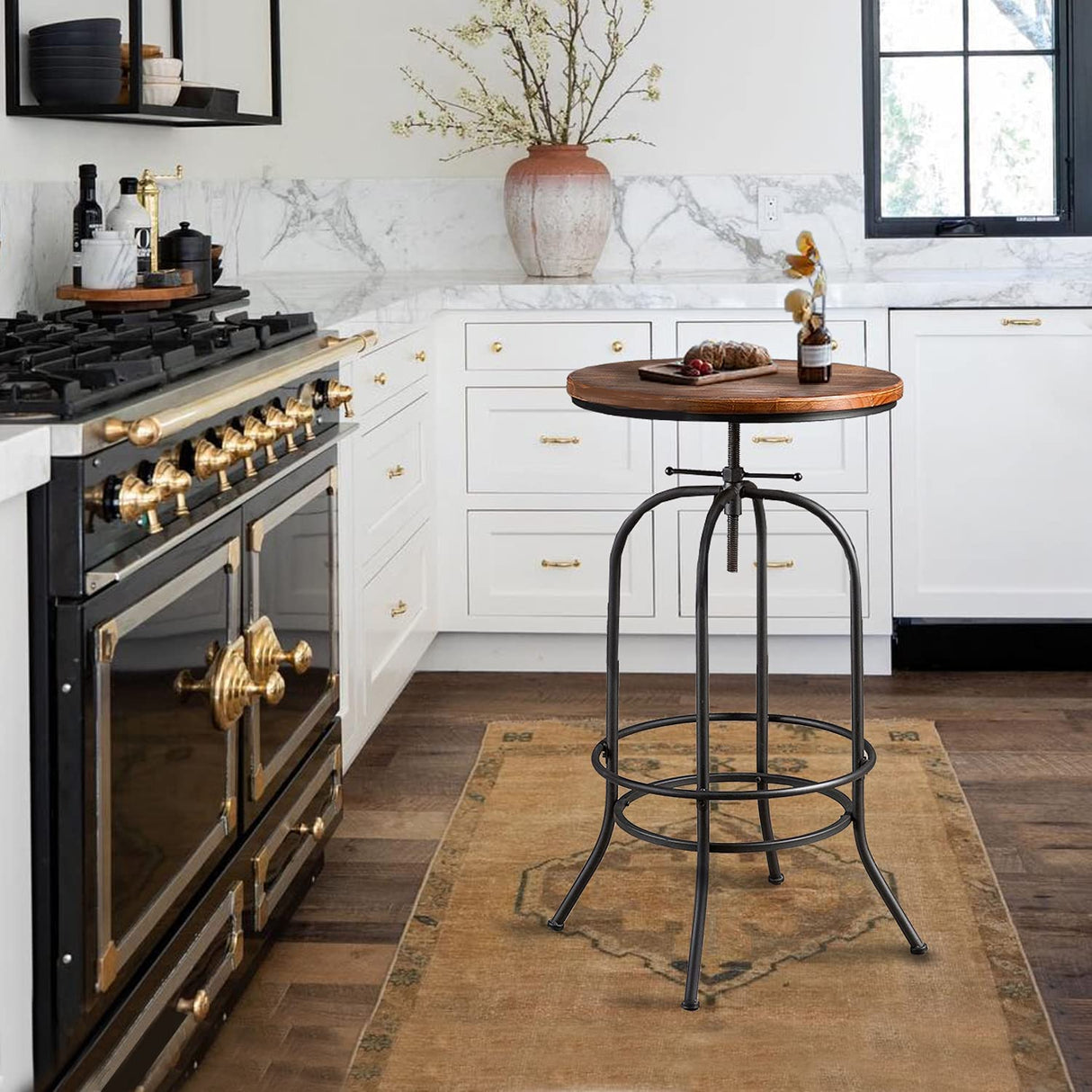 BOKKOLIK Rustic Bar Table Vintage Bistro Table Industrial Pub Table for Kitchen Coffee House Office Computer Desk Swivel Round Wooden Top 37.4-45.3inch Height Adjustable BOKKOLIK