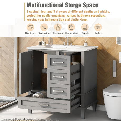 30" Bathroom Vanity with Sink, 30 Inch Bathroom Vanity with Top, 3 Drawers and 1 Soft Closing Door, Modern Bathroom Vanity with Sink 30 Inch for Bathroom (Grey) Mirightone