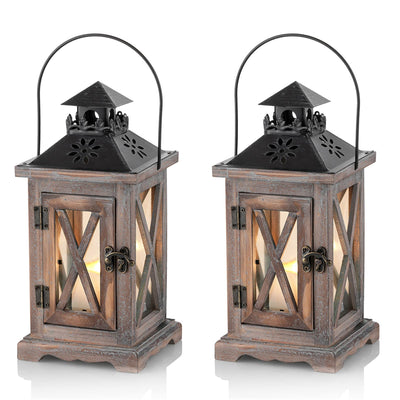 Sziqiqi Farmhouse Lanterns Home Decor Decorative Wood Lantern for Wedding Centerpieces Vintage Brown Candle Lantern for Patio Fireplace Mantel Table Decoration