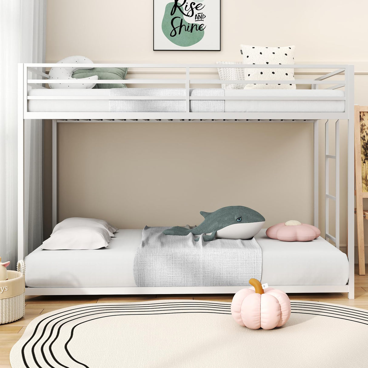 Zevemomo Twin Over Twin Bunk Bed, Metal Low Profile Bunkbeds with Full-Length Guardrail and Ladder, Space Saving, No Boxing Spring Needed, White Zevemomo