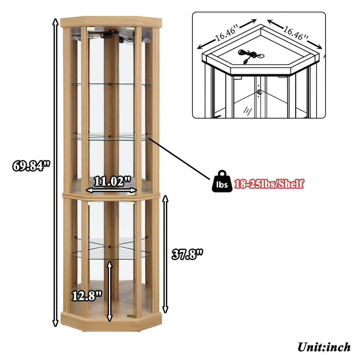 TRJQBCC 69" H Lighted Corner Display Cabinet, Curio Corner Glass Cabinet w/Adjustable Shelves & Glass Door, 5-Tier Wooden Storage Display Case w/Mirrored Back Pane for Living Room(Light Oak) TRJQBCC