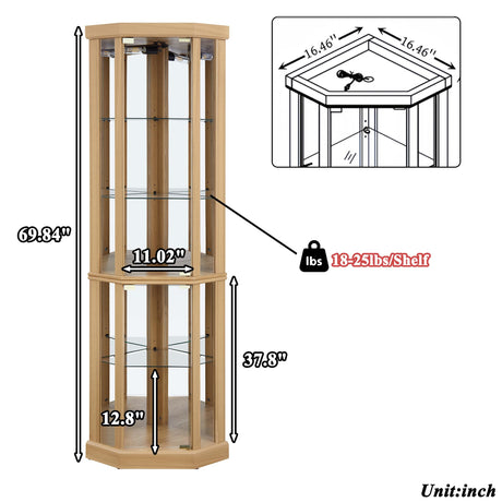 TRJQBCC 69" H Lighted Corner Display Cabinet, Curio Corner Glass Cabinet w/Adjustable Shelves & Glass Door, 5-Tier Wooden Storage Display Case w/Mirrored Back Pane for Living Room(Light Oak) TRJQBCC