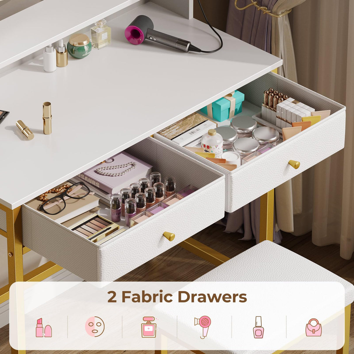 Seventable Vanity Desk Without Mirror, Makeup Vanity with Drawers and Charging Station, Small Desk with Storage for Bedroom, Simple Home Office Computer Desk for Small Spaces, White and Gold Leg Seventable