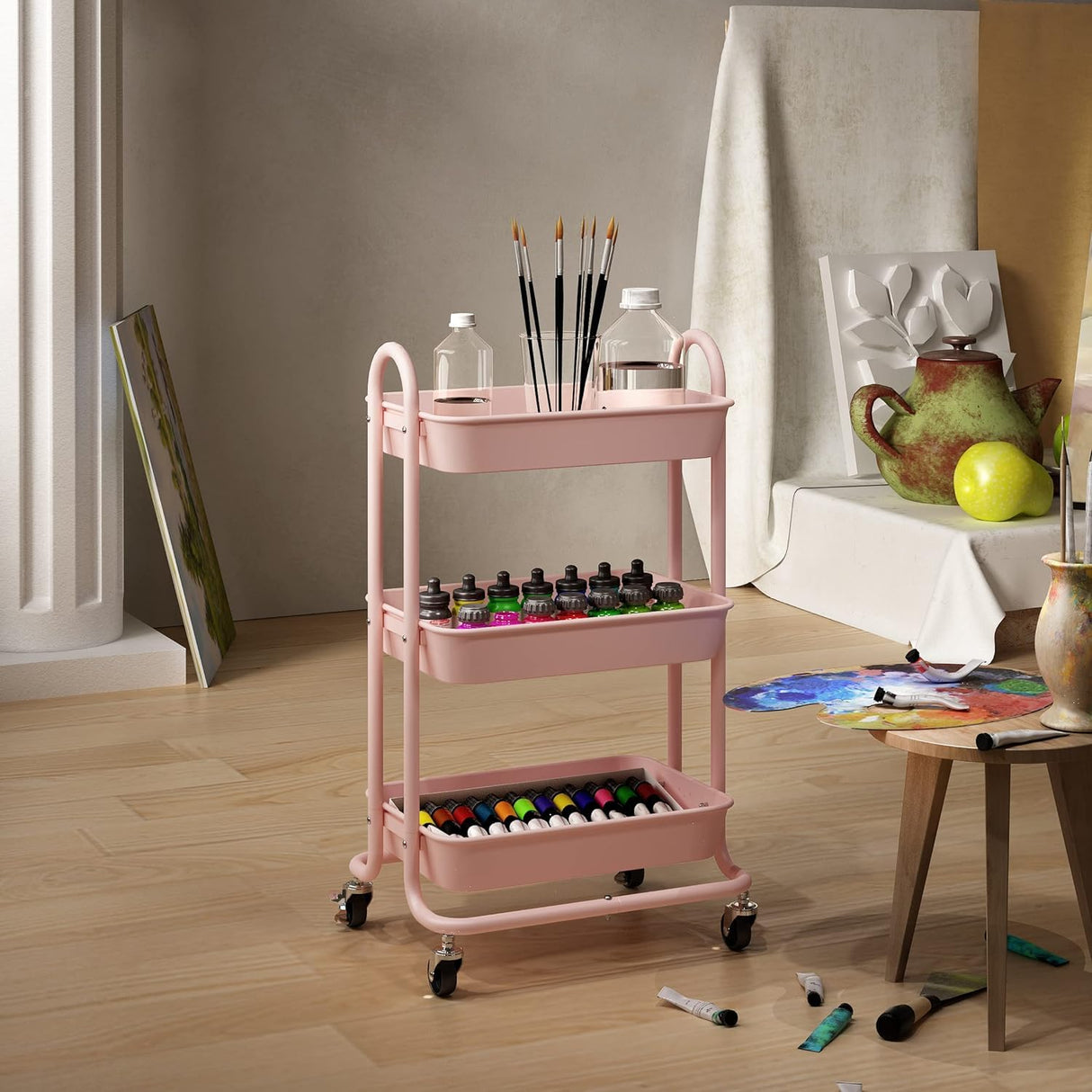 Elitehouse 3-Tier Pink Utility Rolling Cart,Kitchen Storage Carts with Wheels and Plastic Baskets,Pink Rolling Cart for Office,Home,Kitchen,Garden（18"x11.4"x31.2"） Elitehouse