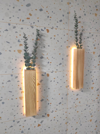 2 Pack Wall Planter with Led Lights Wood Plant Hanger with Artificial Eucalyptus Wall Hanging Decor Pocket Planter Vases Fake Plants Dried Flowers, livingroom Bedroom Kitchen Home Office Deco - WoodArtSupply