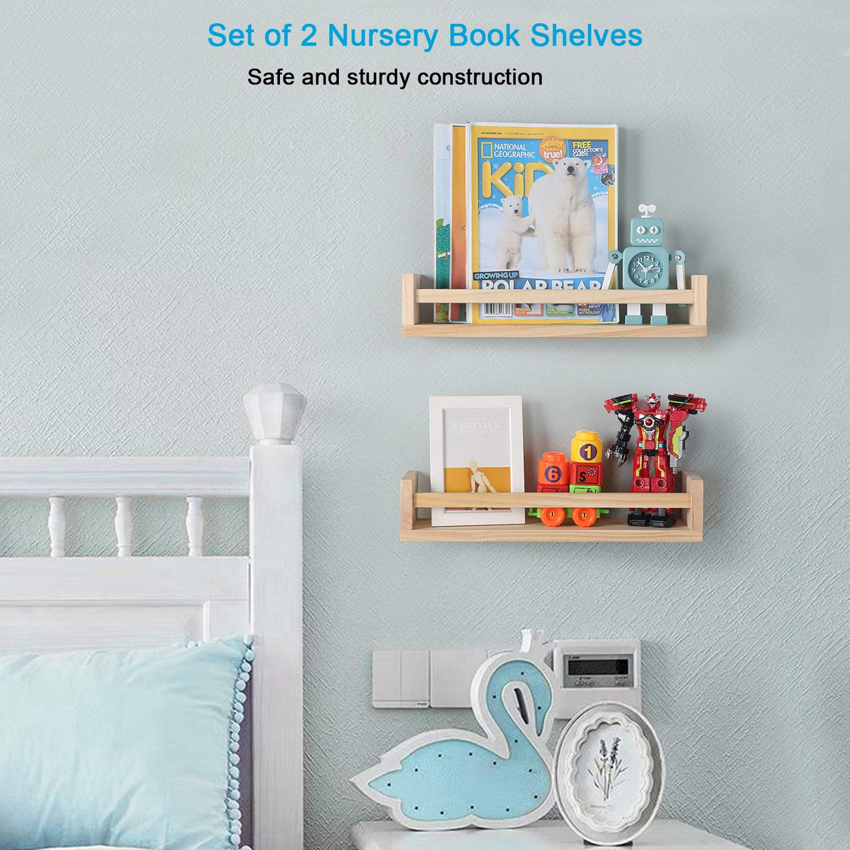 JORIKCHUO Nursery Book Shelves, Set of 2 Wood Floating Book Shelves for Kids Room, Kitchen Spice Rack, or Rustic Wall Mounted Shelves for Farmhouse Bathroom Décor (Natural Wood) JORIKCHUO