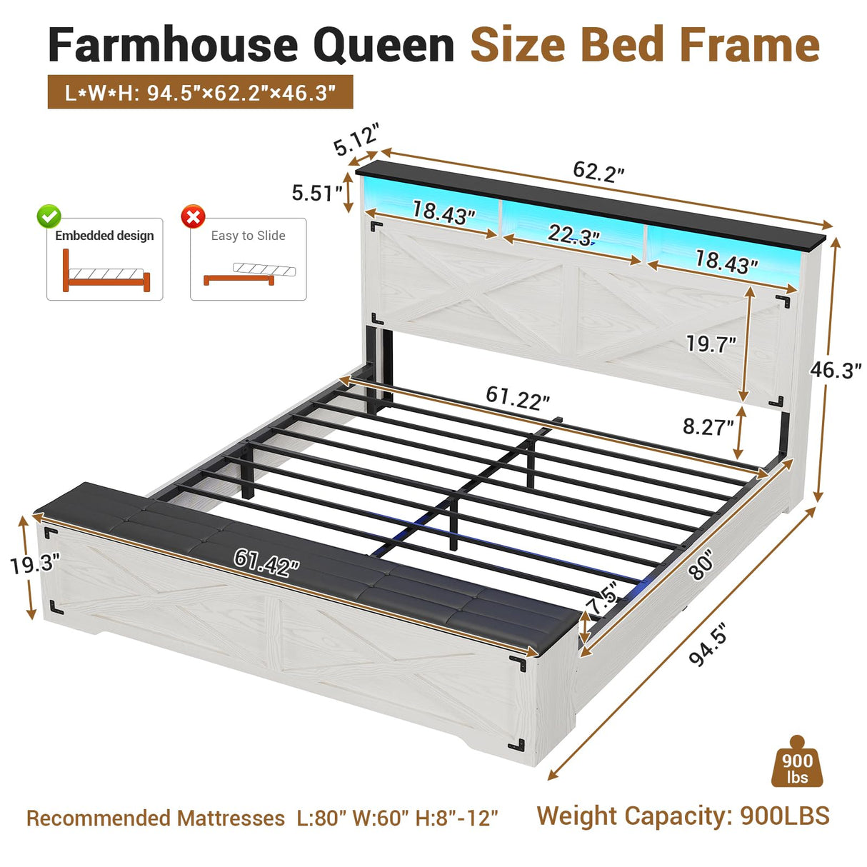 Hasuit Queen Size Bed Frame with Storage Ottoman, Farmhouse Bed Frame with Charging Station and Led Light, Headboard with Storage Rack, Metal Slats, No Noise Design, No Box Spring Needed,Walnut White Hasuit
