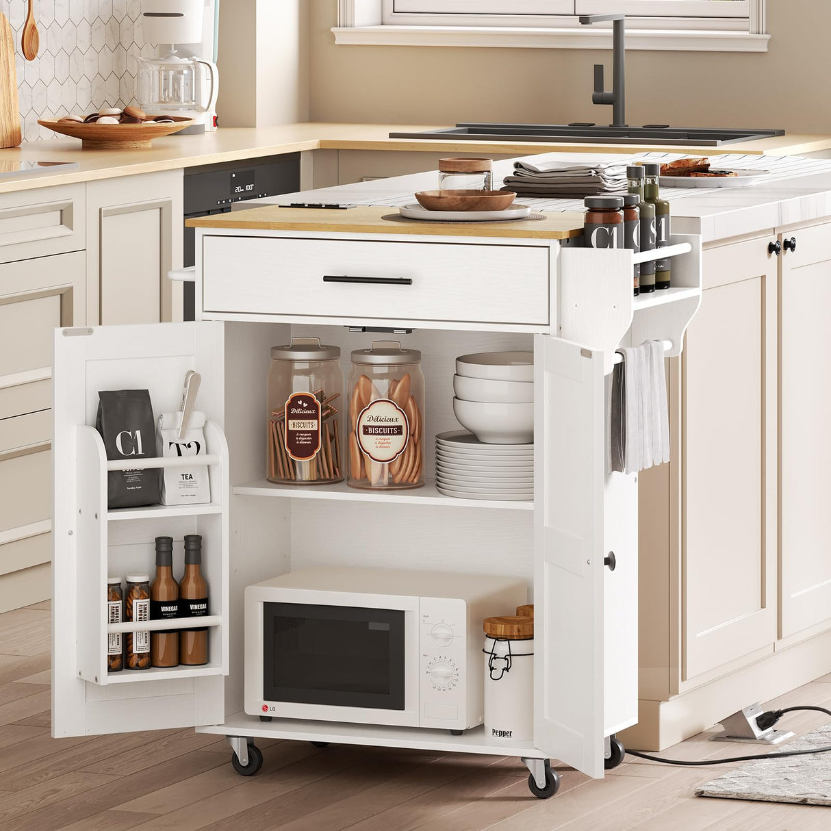 HOOBRO Kitchen Island with Power Outlet, Kitchen Storage Island with Large Worktop, Spice Rack and Drawer, Rolling Kitchen Cart on Wheels, for Kitchen and Dining Room, White and Natural WN88UZD01 HOOBRO