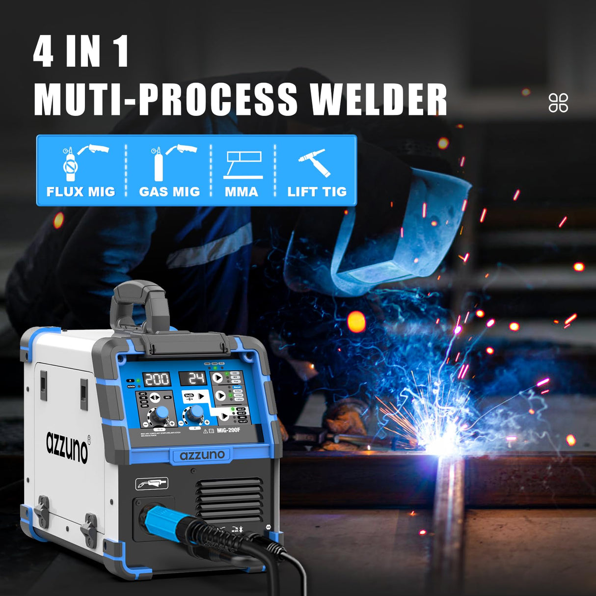AZZUNO 200A MIG Welder,110V/220V Dual Voltage multiprocess welder,Gas Gasless MIG Welding Machine,4 in 1 Flux MIG/Solid Wire/Lift TIG/Stick ARC Welder (Grey) AZZUNO
