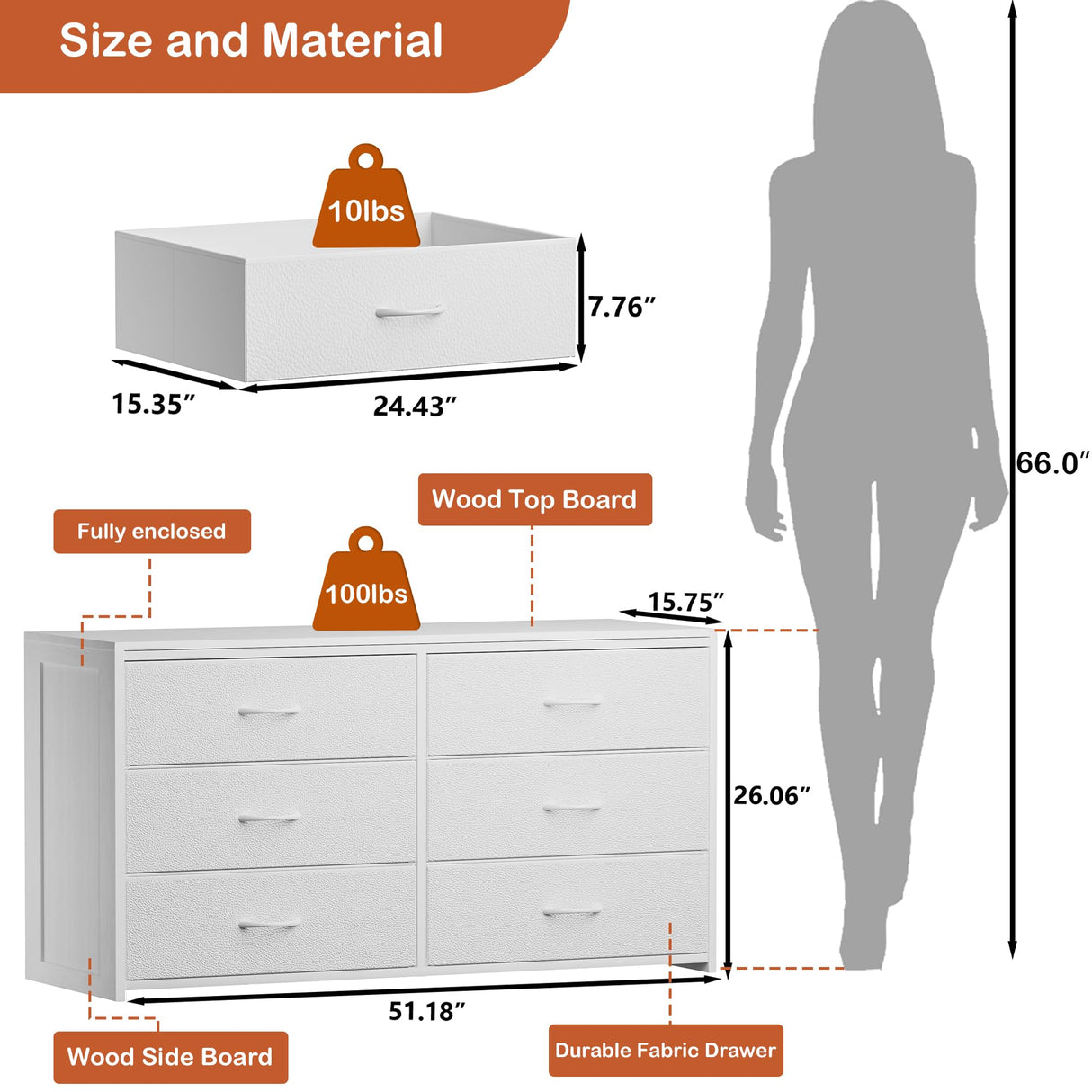 OURPIC Dresser for Bedroom with 6 Drawers, 51 Inch White Dressers TV Stand for 50, 55, 60 Inch TV, Wood Top and Side, Fabric Drawers, Storage, Dresser for Closet, Living Room, Hallway, Entryway OURPIC