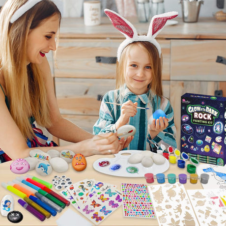 Rock Painting Kit for Kids 6-12 - Glow in The Dark Rock Painting Crafts Set, Arts and Crafts for kids ages 8-12, Stencils for Painting, Water Coloring book for 6, 7, 8, 9, 10, 11, 12 Year Old Kids PAINTIGO