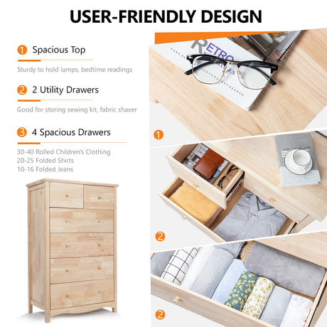 VINGLI Upgraged Unfinished 6 Drawer Dresser for Bedroom Natural Solid Wood Dresser Color DIY, Rustic Farmhouse Tall Dresser with Spacious Storage Chests of Drawers with Full Extension Drawer Slides VINGLI