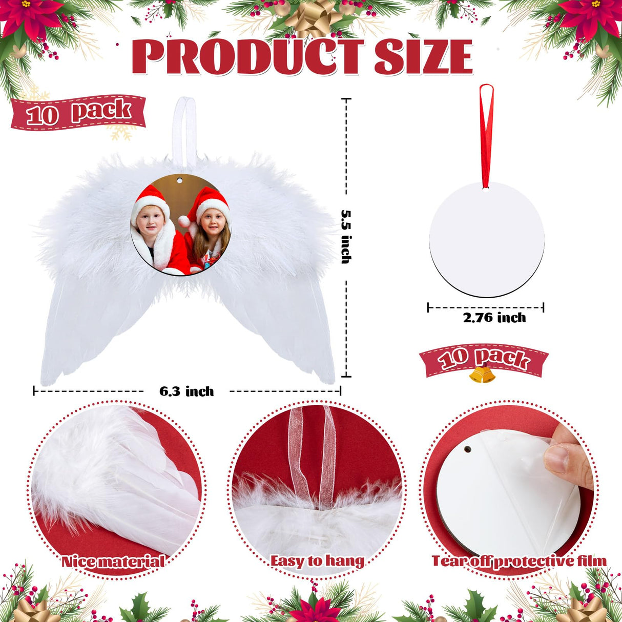 20 Pcs Christmas Angel White Wings Ornament, Angel Feather Wings Feather Hanging Decor with Round Sublimation Blank Pendants for Christmas Tree Crafts Angel Mini Wings Xmas Decor ZAUGONTW