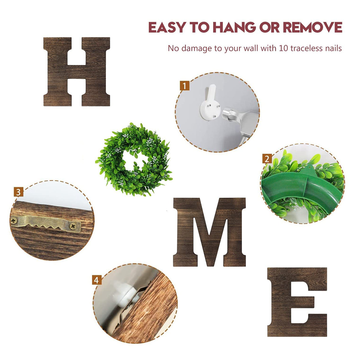 GLIWEN Wooden Home Sign Wall Decor with Artificial Wreath Hanging Wood Home Letters Farmhouse Home Decor for Wall Art Living Room Bedroom Kitchen Doorway,Brown GLIWEN