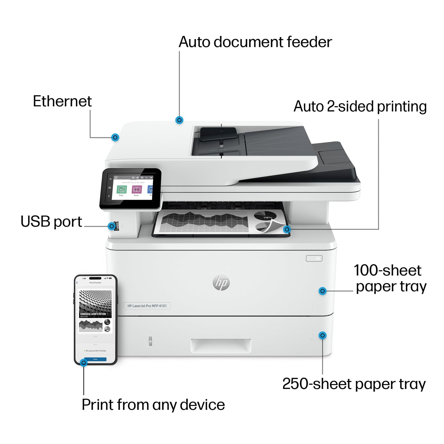 HP LaserJet Pro MFP 4101fdn Printer, Print, scan, copy, fax, Fast speeds, Easy setup, Mobile printing, Advanced security, Best for small teams, Ethernet/USB only