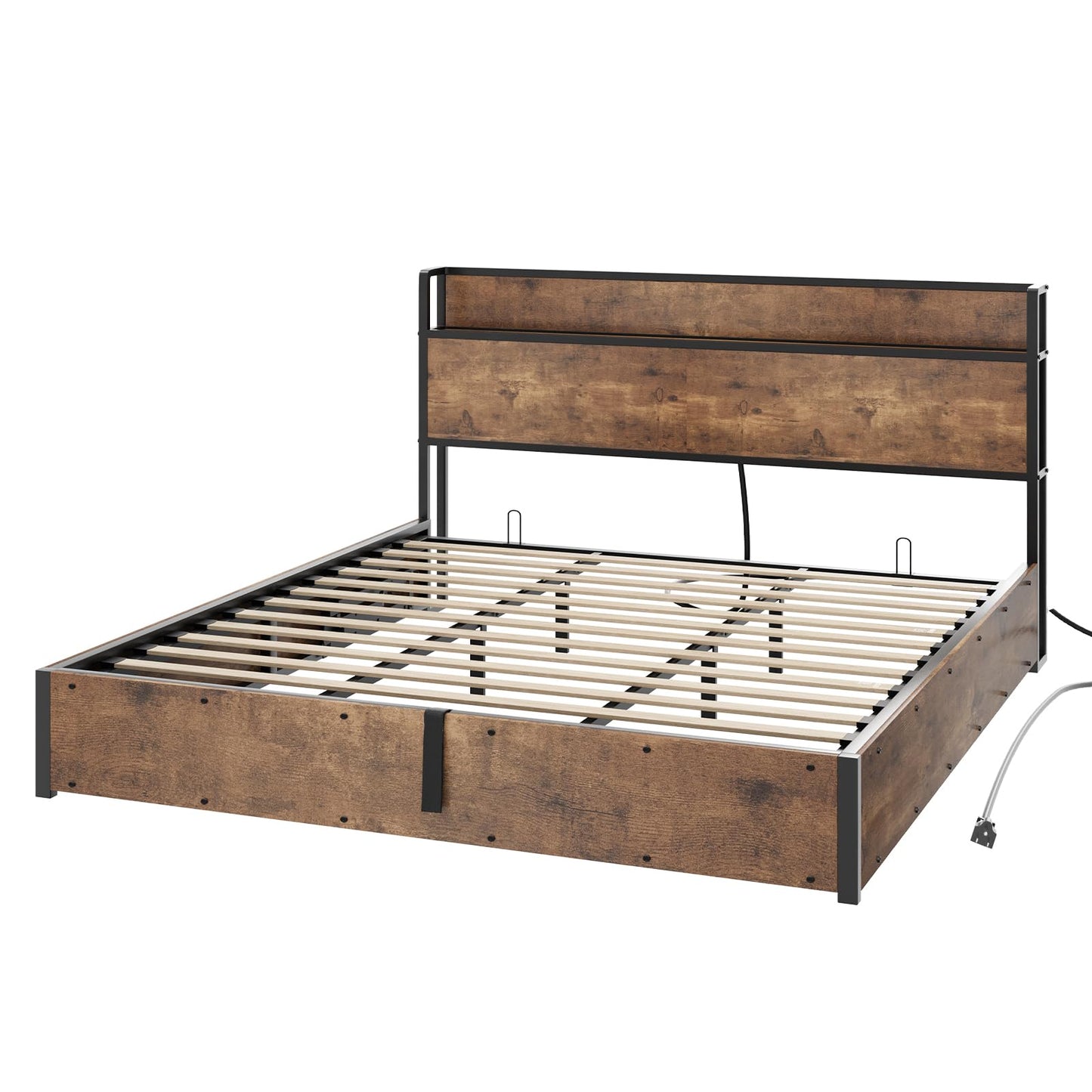 AMERLIFE King Size Lift-Up Storage Bed Frame with Charging Station in Rustic Brown - WoodArtSupply