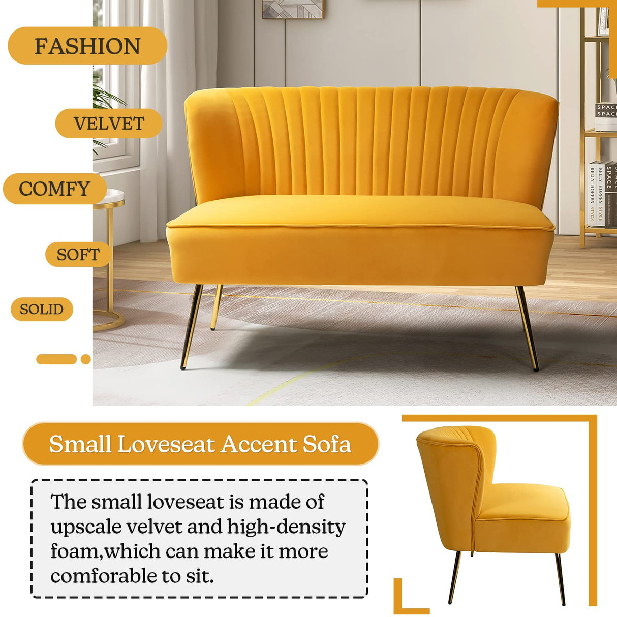 Tina's Home Mid-Century Velvet Loveseat Sofa, Upholstered Loveseat Couch with Golden Metal Legs, Small Tufted 2-Seat Sofa Armless Love Seat for Living Room, Bedroom, Apartment Small Spaces, Mustard TINA'S HOME