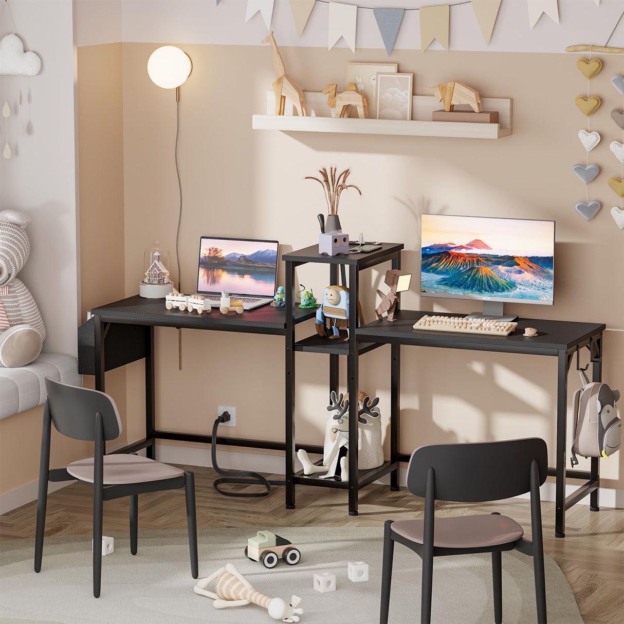 Furologee Double Desk with Power Outlets, 71 Inch Computer Desk with Storage Bag and Headphone Hooks, Gaming Desk Study Writing Table for Home Office, Black Furologee