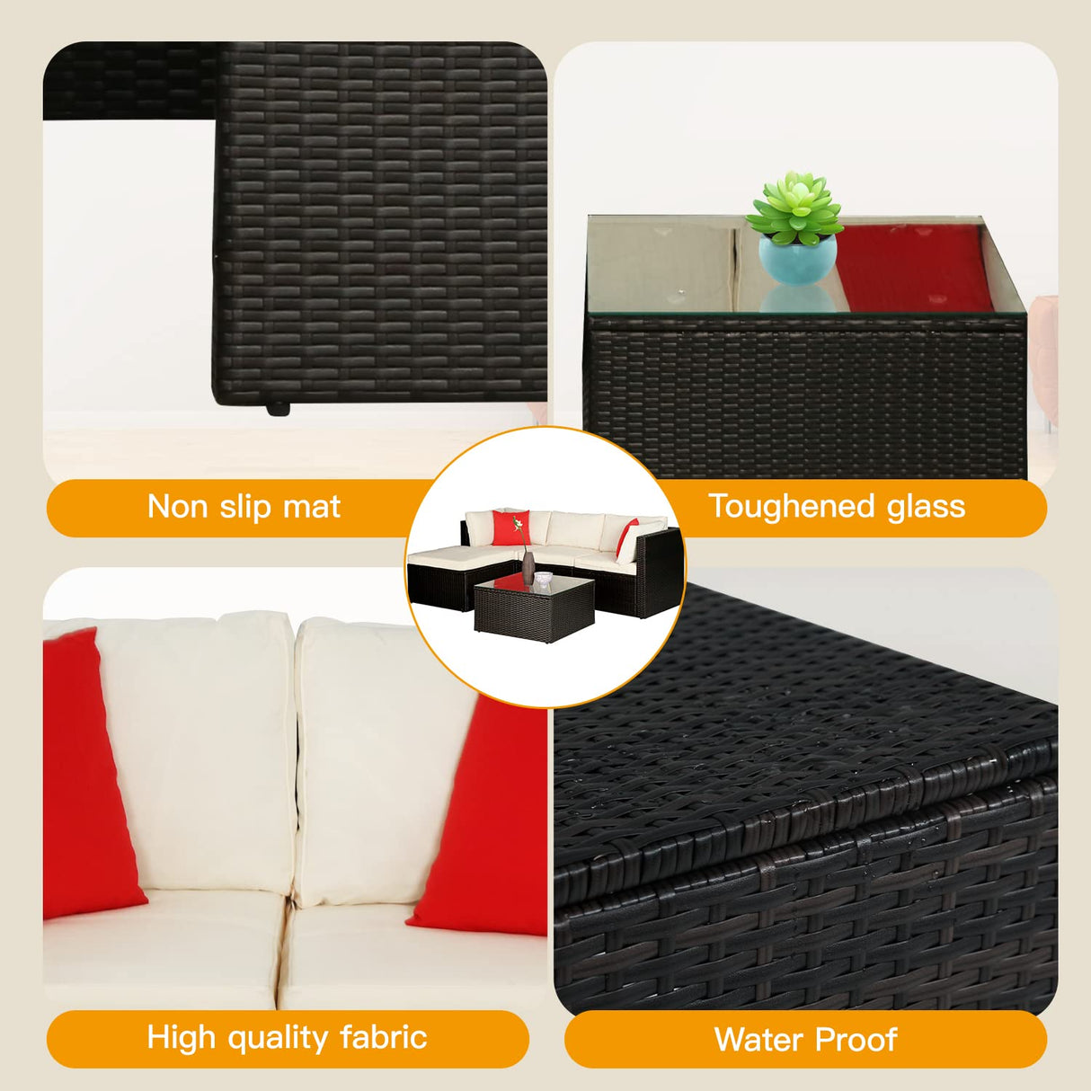 5 Pieces Rattan Patio Furniture Sets Patio Sofa Wicker Sectional Sofa Modular Outdoor Conversation Sofa Set with 2 Red Pillow 2 Corner Chairs Armless Chair Ottoman Chair Glass Table,Khaki Cushion PayLessHere